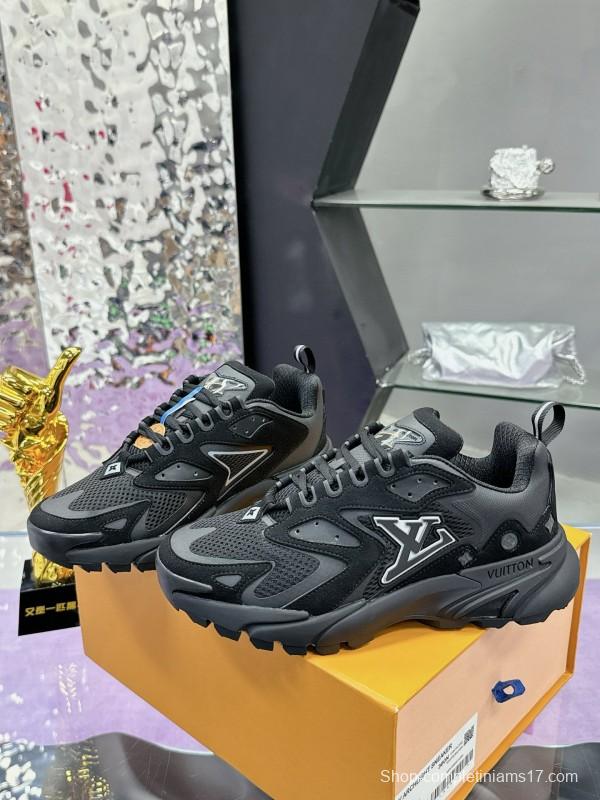 2025 Men Louis Vuitton Black Mesh Leather Sneakers MJ00420