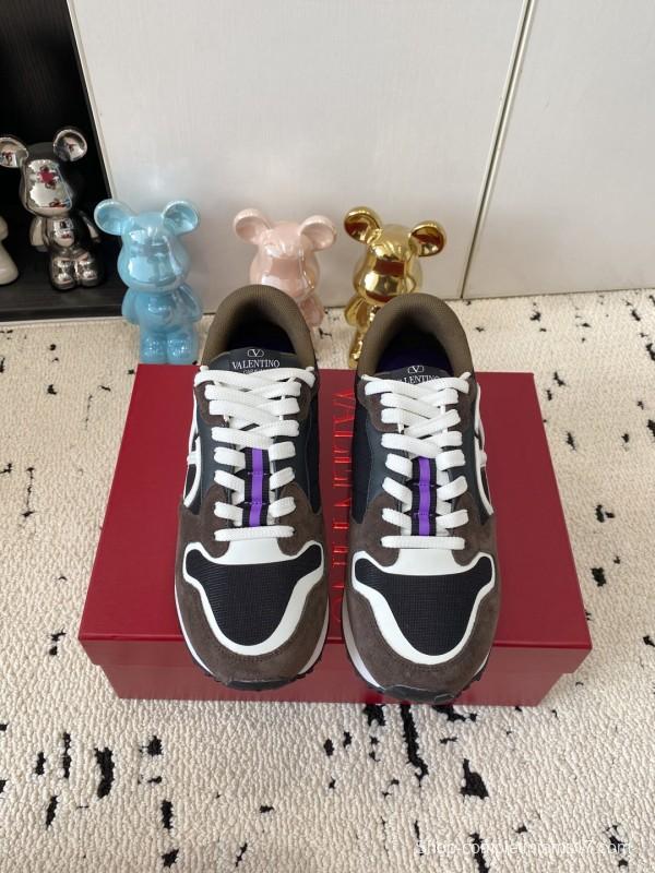 2025 Unisex Valentino Black Brown Purple Suede Leather Mesh Sneakers