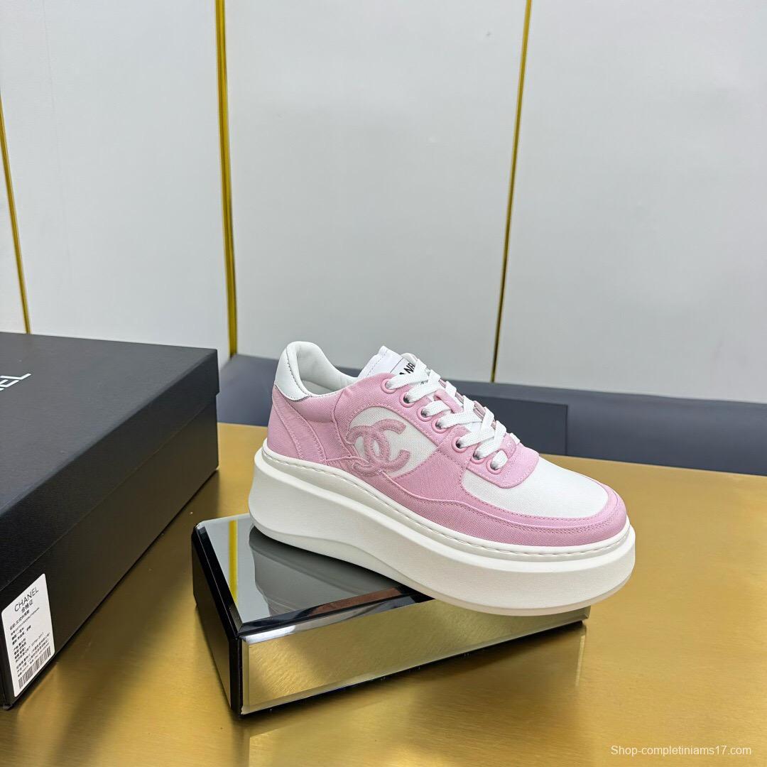 2025 Women Chanel Pink White Leather Suede Platform Sneakers