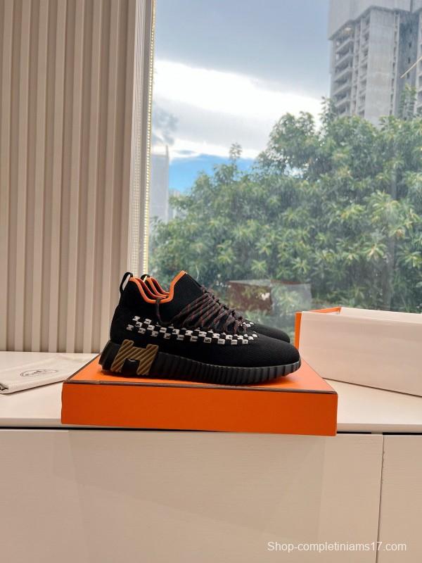 2024 Unisex Hermès Black Orange Calf Suede Knit Sneakers MJ00290(W/M)