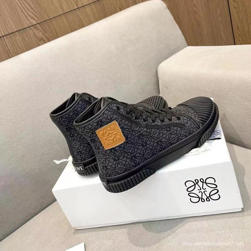 2025 Women Loewe Black Fabric Leather High-Top Sneakers LY00291