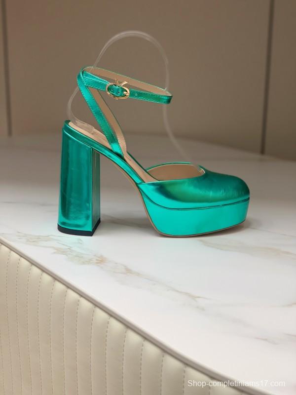 2025 Women Gianvito Rossi Metallic Green Leather Platform Sandals
