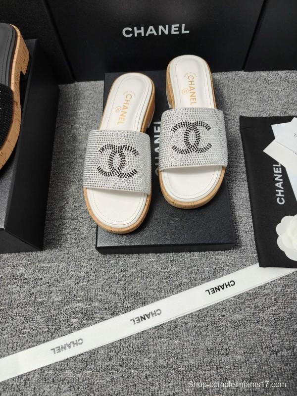 2025 CHANEL Silver Crystal Leather Slippers