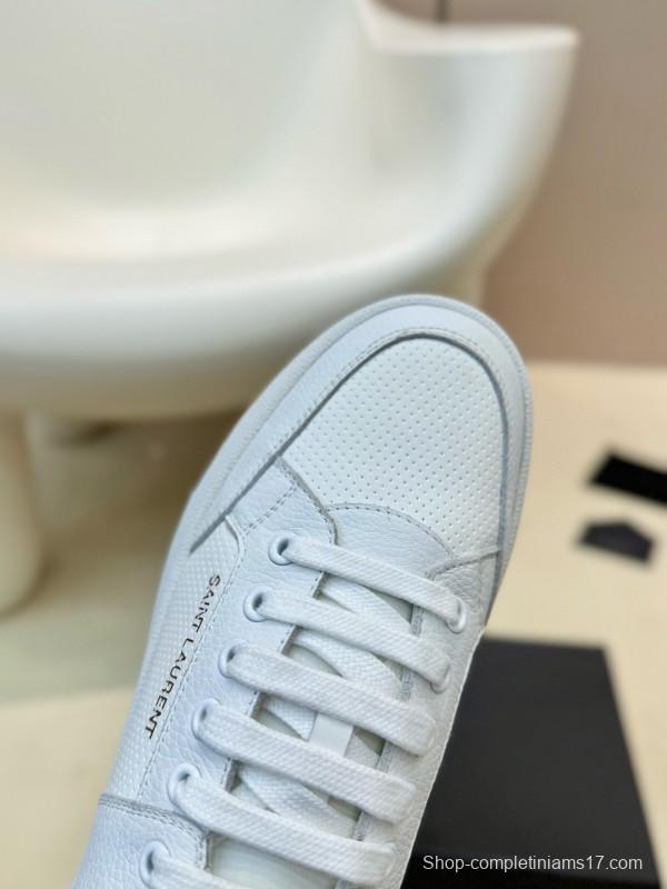 2024 Unisex Yves Saint Laurent White Silk Leather Sneakers Gold Hole Punch MJ00350