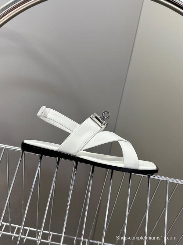 2025 Women Hermès White Calf Leather Sandals Metal Buckle KFY00300