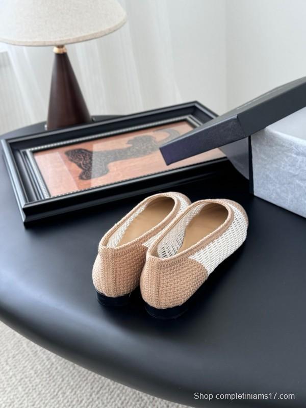 2025 Women Chanel White Beige Leather Mesh Ballet Flats LY00280