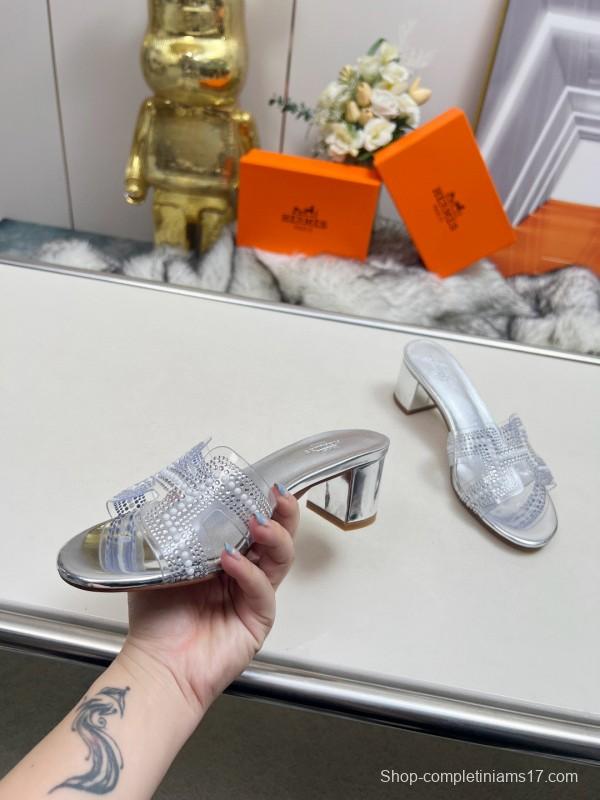 2025 Slippers Hermès Silver Leather Slippers MJ00180/215