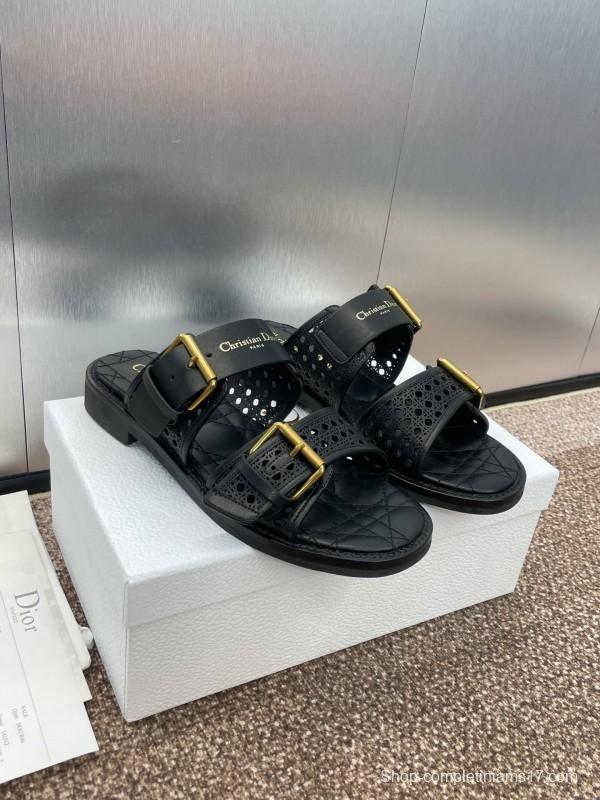 2025 Women Dior Black Leather Sandals Buckle LY00300
