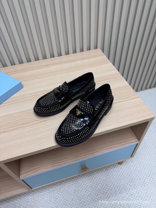 2025 Women Prada Black Leather Loafers Studded LY00340