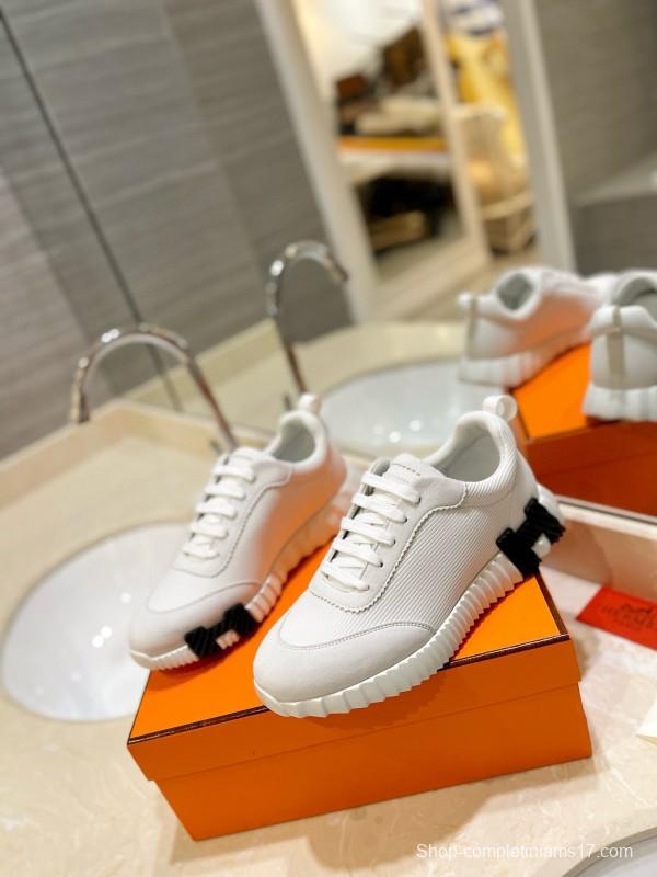 2024 Unisex Hermès White Imported Kipskin Silk Leather Casual Sneakers MJ00320