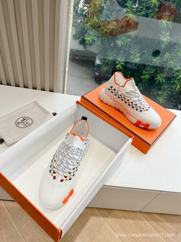 2024 Unisex Hermès White Blue Yellow Orange Calfskin Suede Sneakers MJ00290