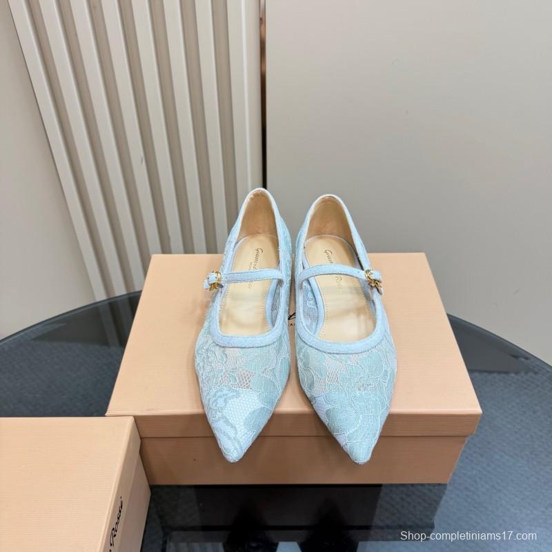 2025 Women Gianvito Rossi Light Blue Lace Leather Mary Jane KFY00260