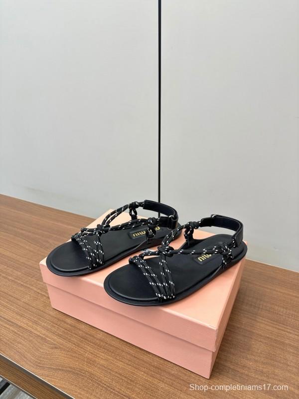 2025 Women Miu Miu Black Leather Rope Sandals