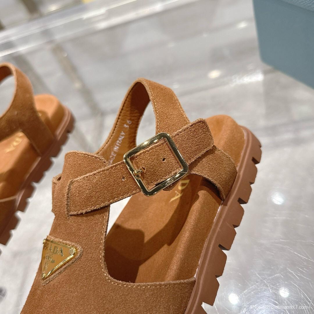 2025 Women Prada Brown Suede Sandals LY00270