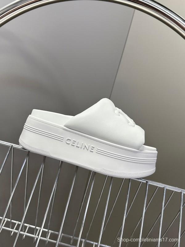 2025 Women Celine White Leather Slippers LY00240