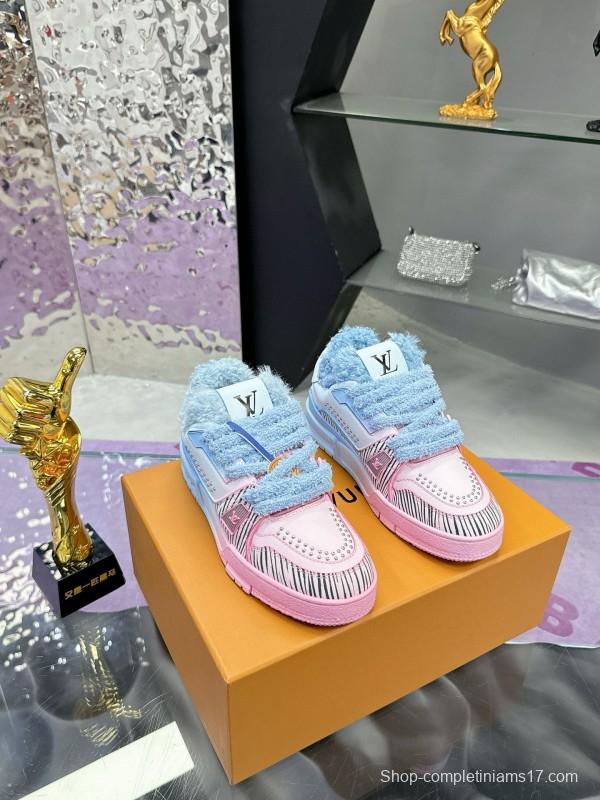2024 Unisex Louis Vuitton Blue Pink Leather Sneakers