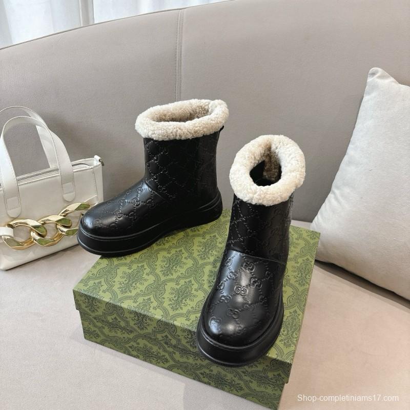 2024 Women Gucci black leather shearling snow boots MJ00350