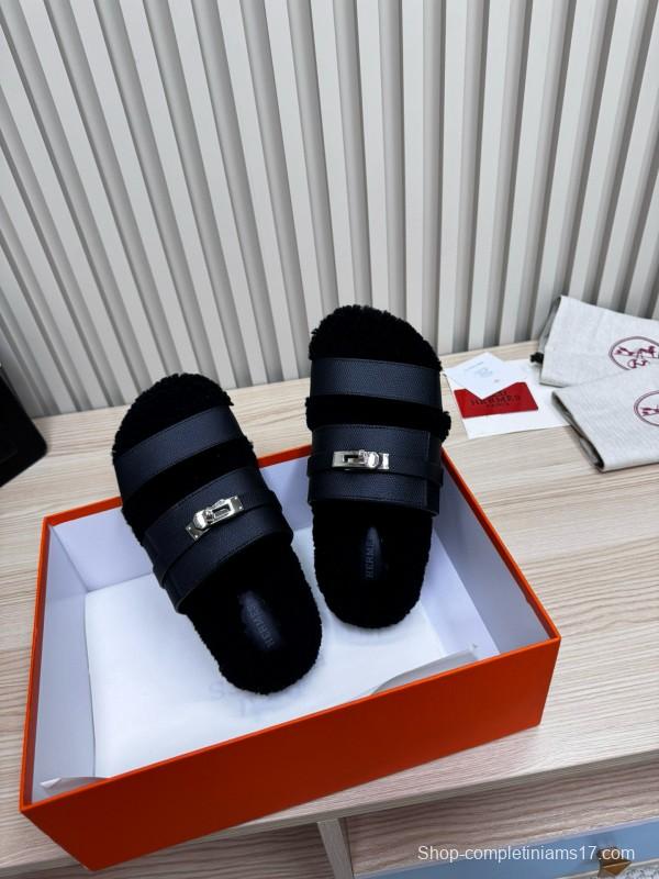 2024 Women Hermès Black Leather Shearling Slippers