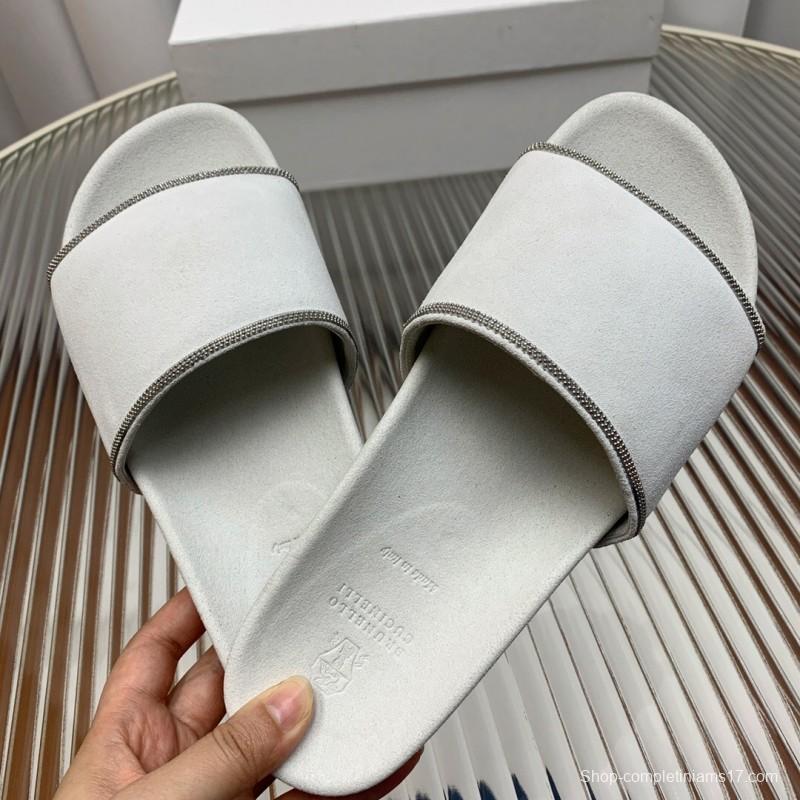 2025 Unisex Brunello Cucinelli White Imported Suede Flat Slide Sandals Handmade Beaded Chain Inlay KFY00240