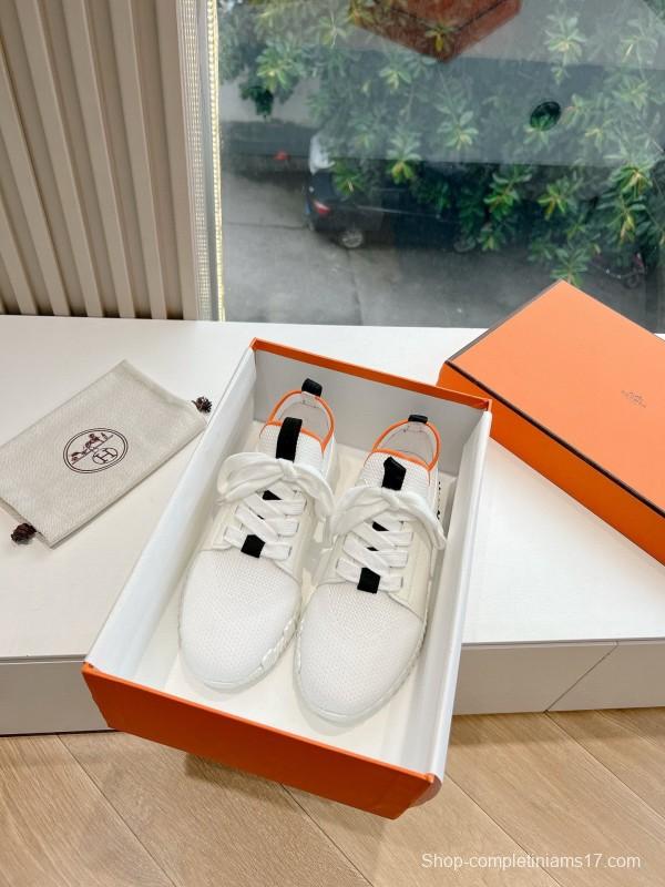 2024 Unisex Hermès White Black Orange Calf Suede Sneakers MJ00290