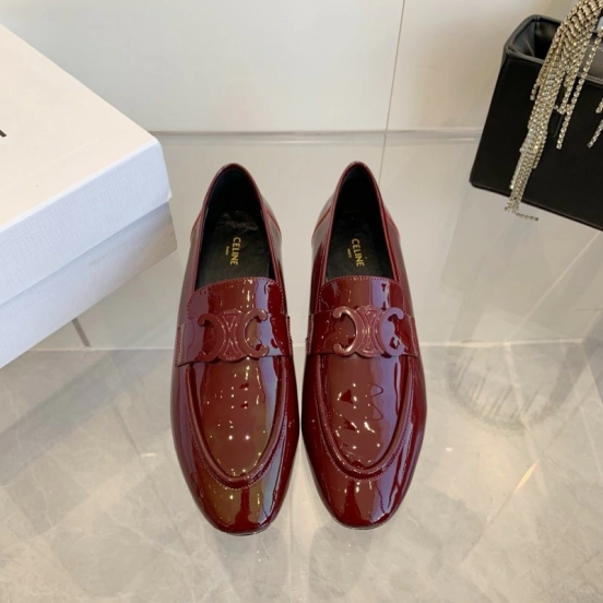 2025 Women CELINE Burgundy Patent Leather Loafers