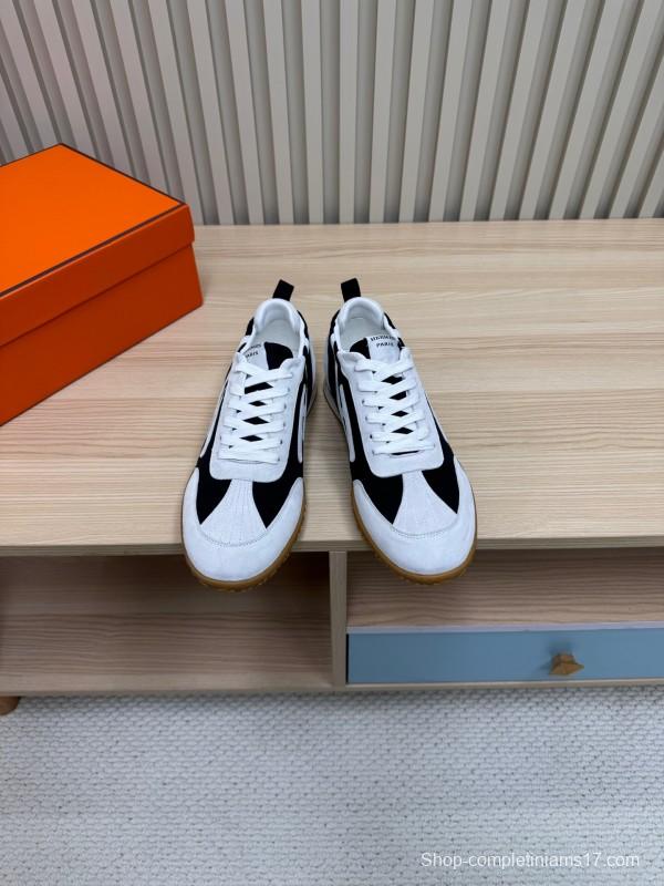 2025 Unisex Hermès White Black Suede Down Fabric Sneakers Top Version LY00310