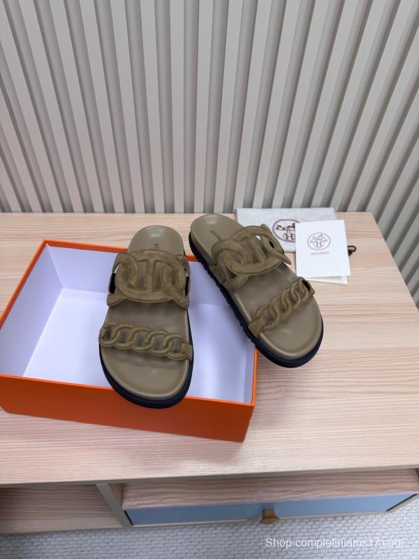 2025 Women Hermès Khaki Suede Slippers