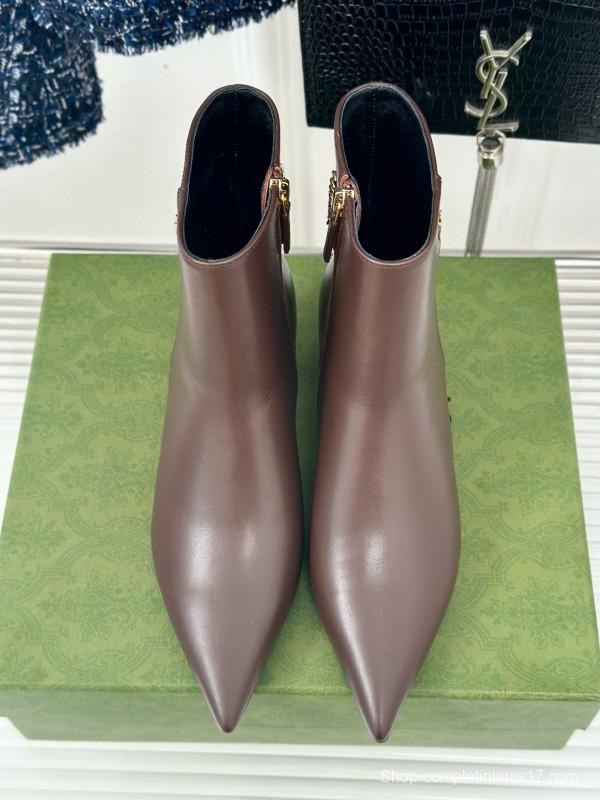 2024 Women Gucci Brown Calfskin Ankle Boots Chain Detail MJ00410