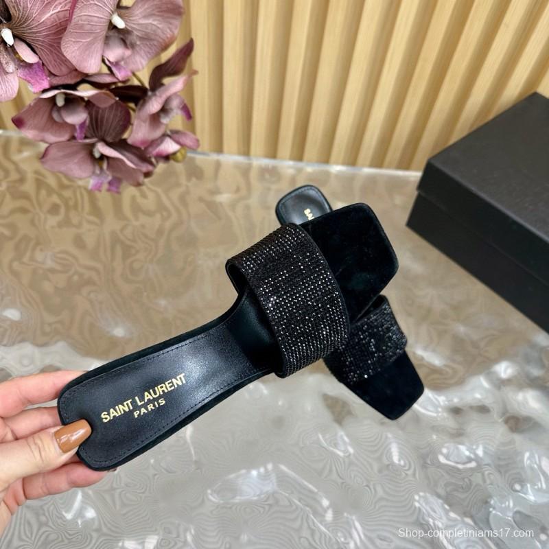 2025 Women Yves Saint Laurent Black Rhinestone Leather High Heel Sandals MJ00300