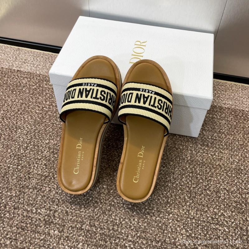 2025 Slippers Dior Beige Black Textile Platform Embroidery