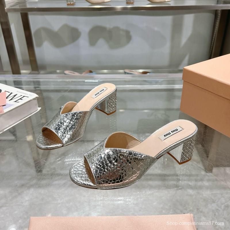 2025 Women Miu Miu Silver Leather Mules