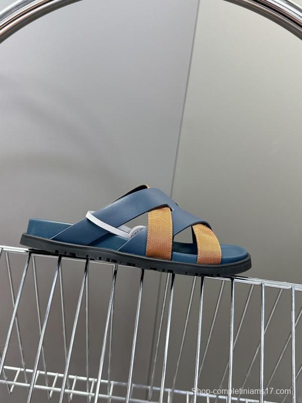 2025 Slippers Hermès Blue Brown Leather Slippers