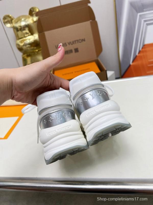 2025 Women Louis Vuitton White Grey Mesh Leather Sneakers LY00340