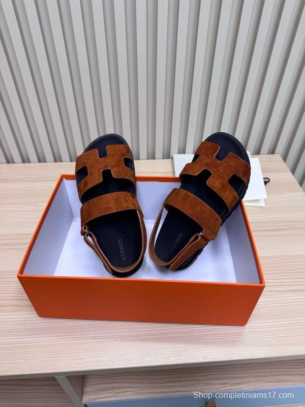 2025 Women Hermès Brown Suede Leather Sandals