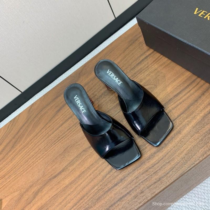 2025 VERSACE Black Leather Slippers