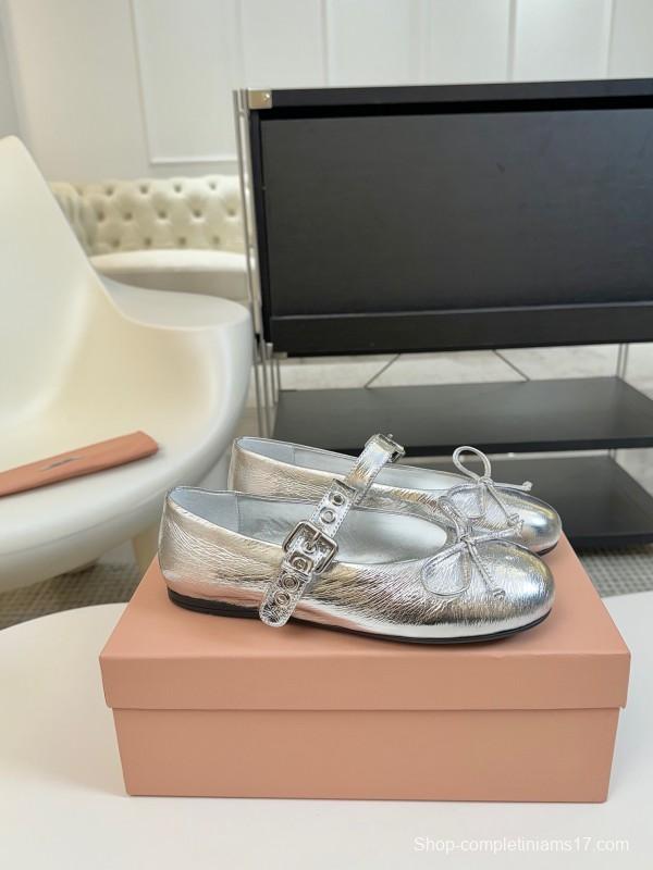 2025 Women Miu Miu Silver Leather Mary Jane Buckle KFY00300