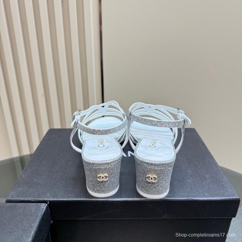 2025 Women Chanel Silver Leather Sandals