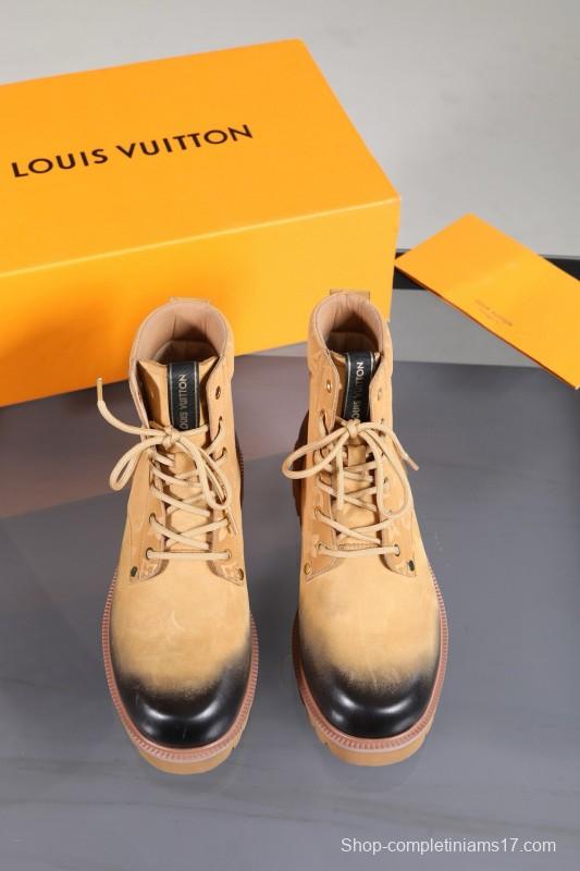 2024 Men Louis Vuitton Beige Black Leather Canvas Boots MJ00470