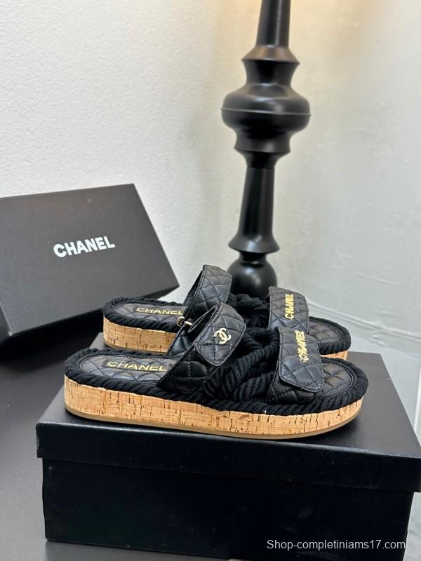 2025 Slippers Chanel Black Leather Cork Sole Sandal LY00250