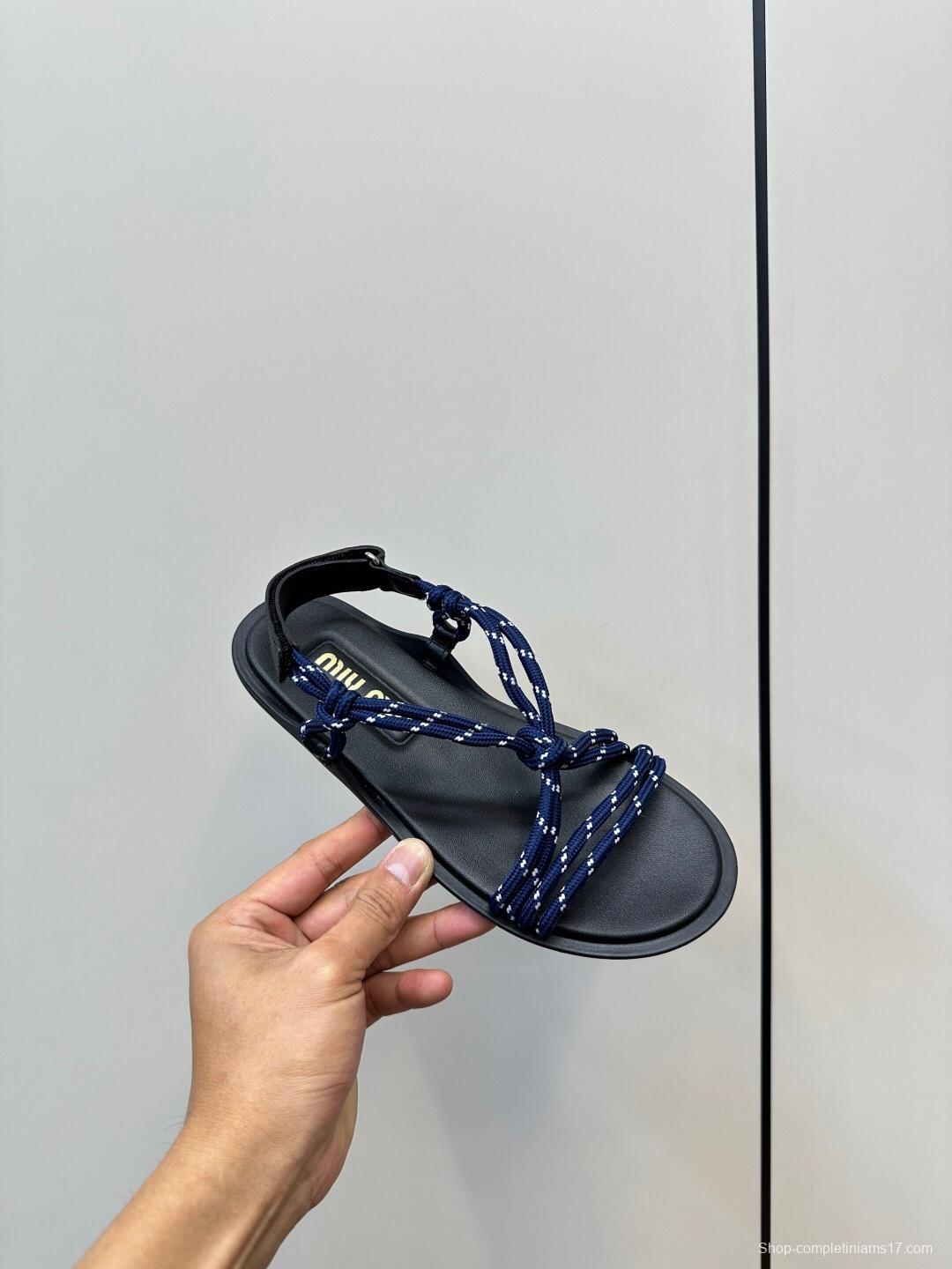 2025 Women Miu Miu Blue Black Leather Rope Sandals