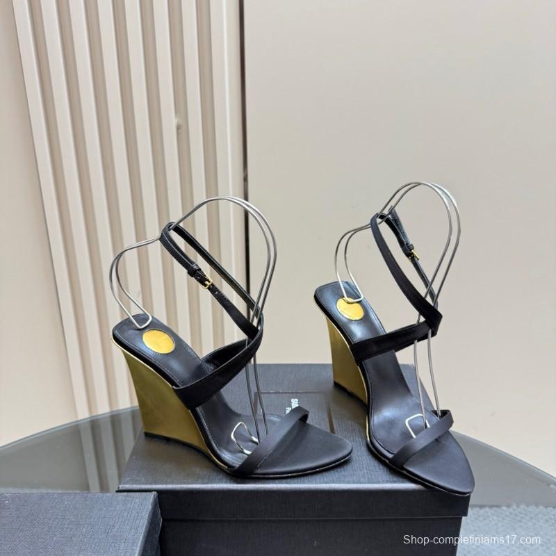 2025 Women Yves Saint Laurent Black And Gold Wedge Sandals Premium Leather Elegant Design LY00360(F)