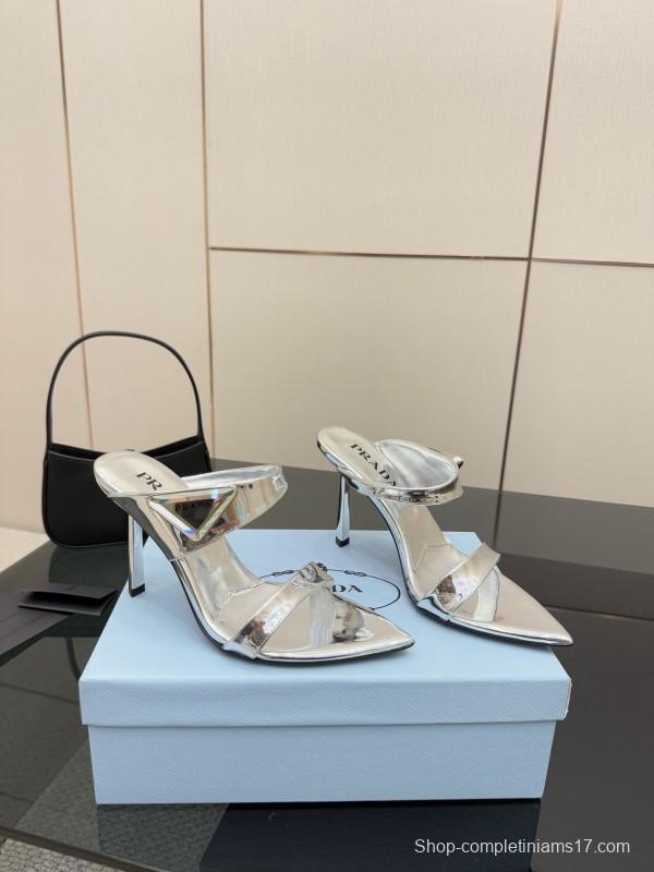2025 Women Prada Silver Leather Pointed Toe Sandals