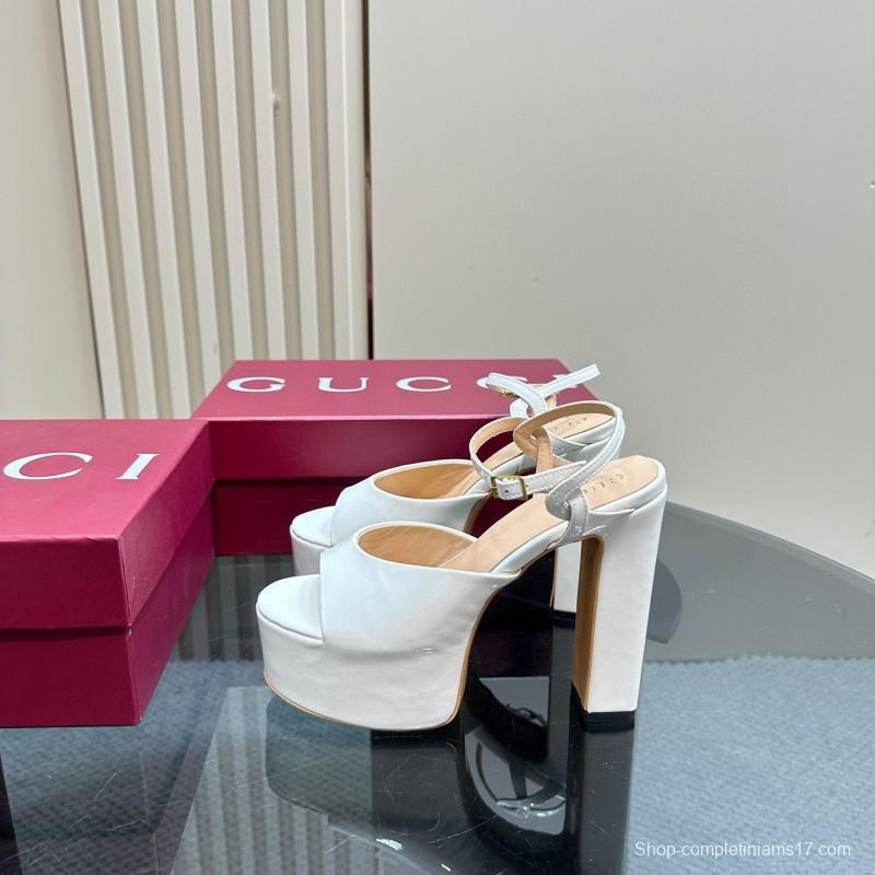 2025 Women Gucci White Leather Platform Sandals