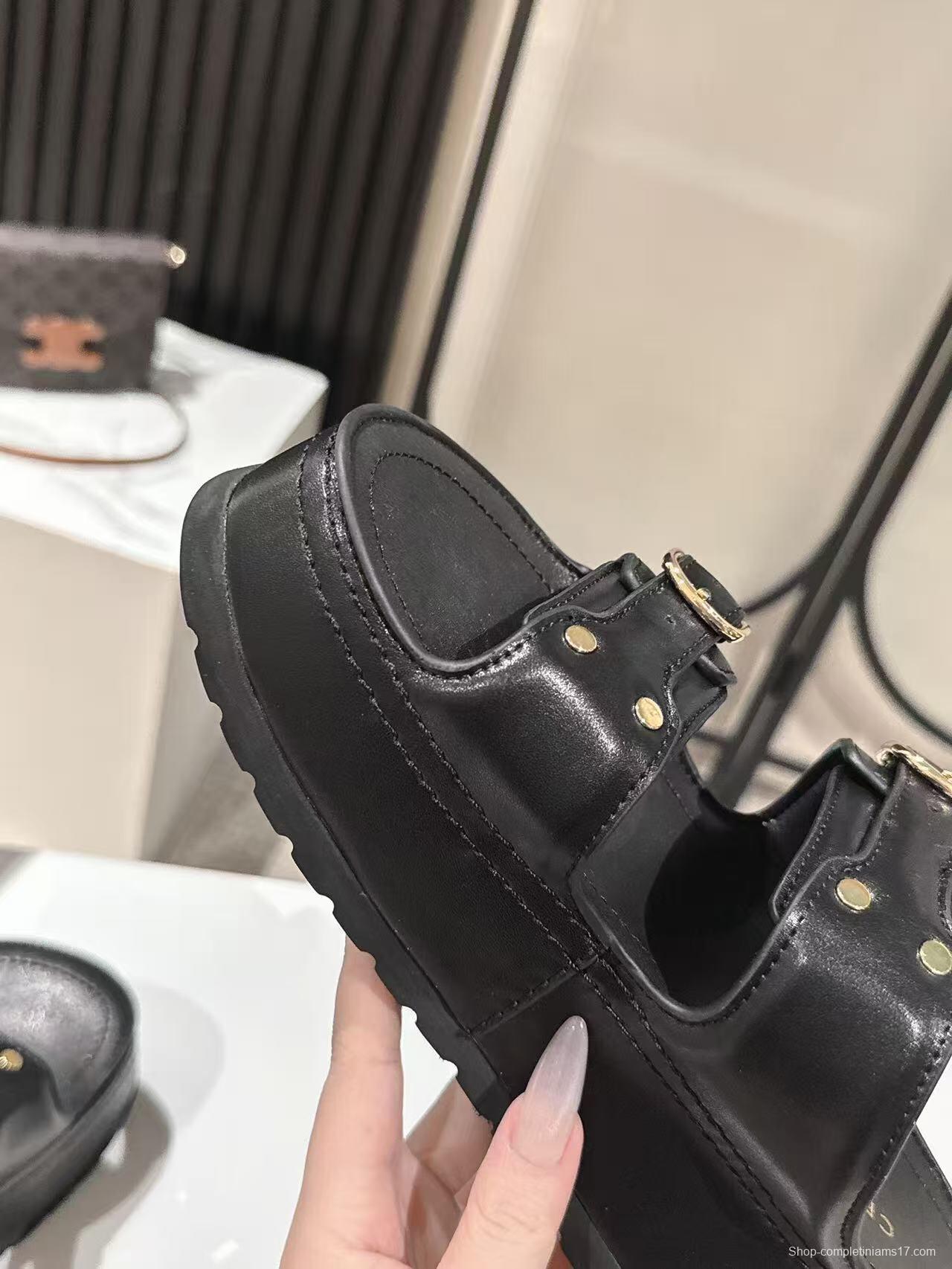 2025 Women Celine Black Leather Platform Slide Sandals LY00300
