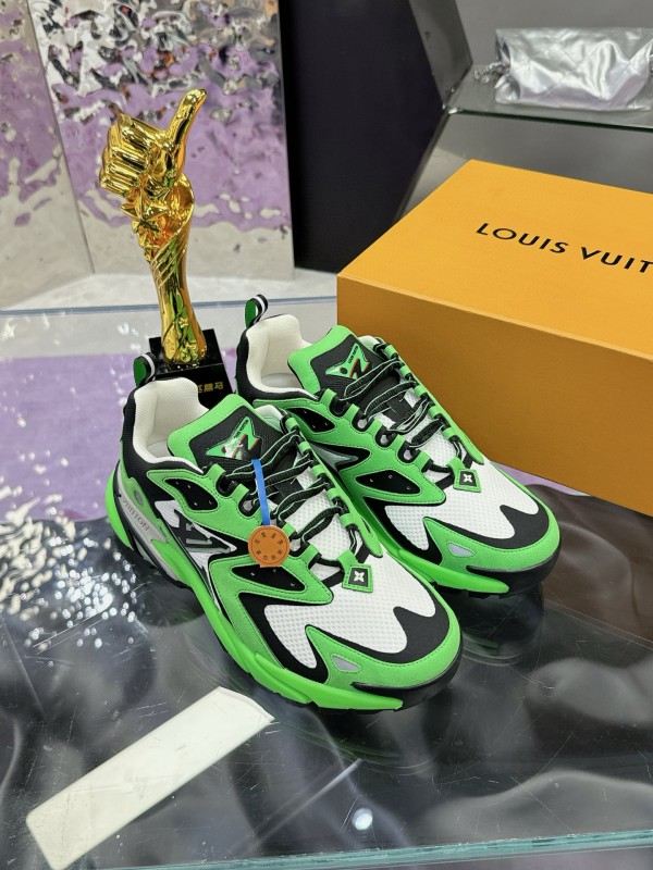 2025 Men Louis Vuitton Green Black White Mesh Leather Sneakers MJ00420