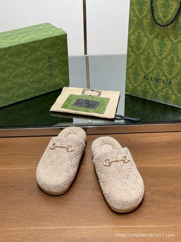 2024 Slippers Gucci Beige Shearling GG Embroidery