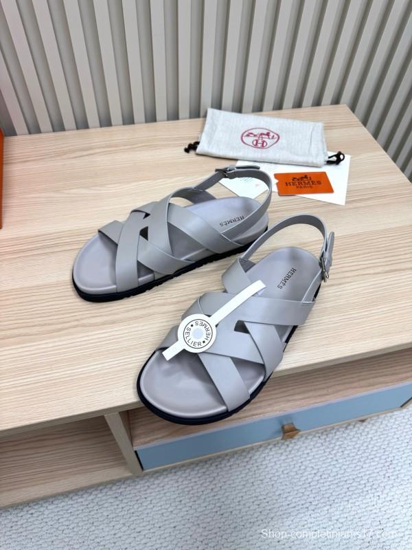 2025 Women Hermès Grey Leather Sandals LY00270