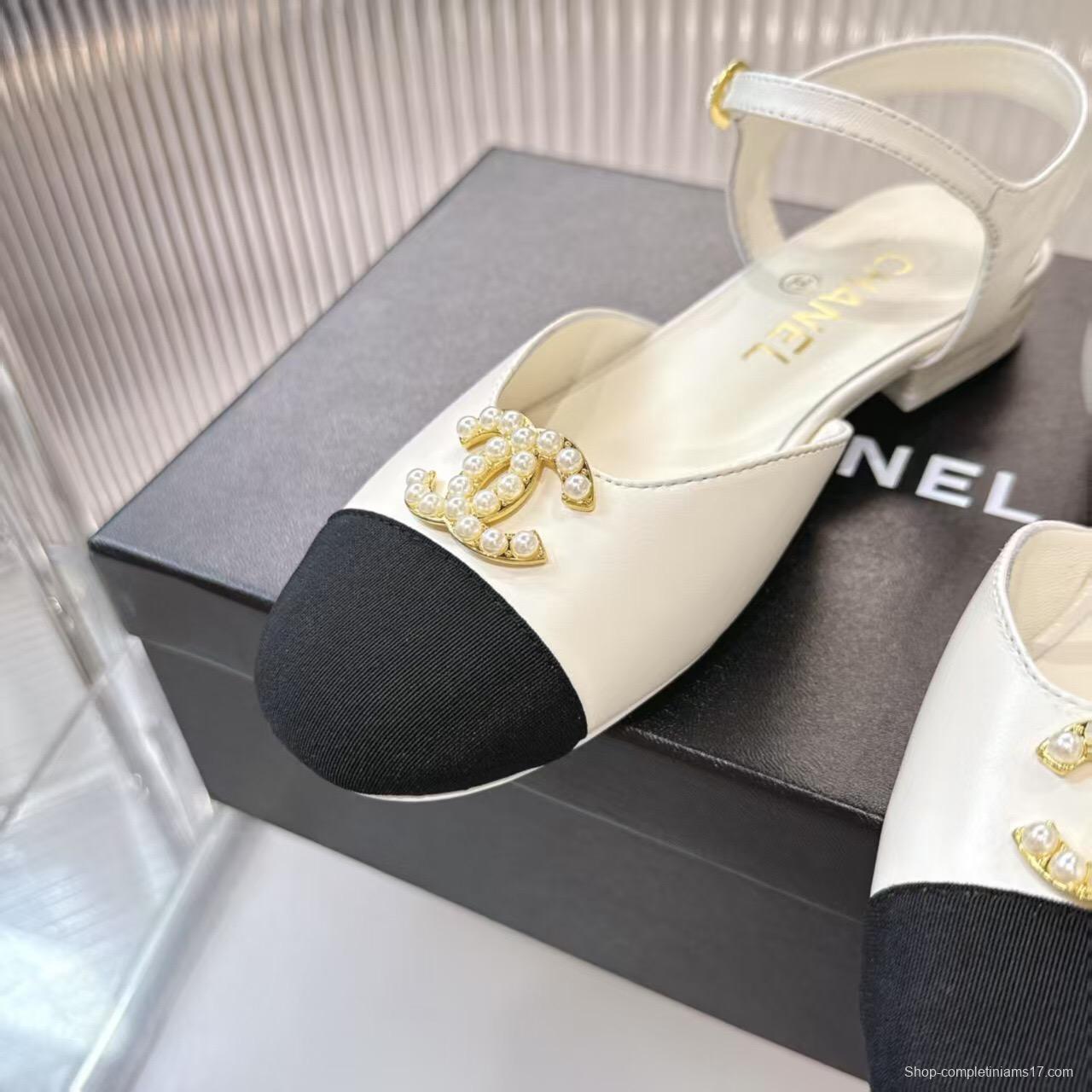 2025 Women Chanel White Black Leather Slingback Flats
