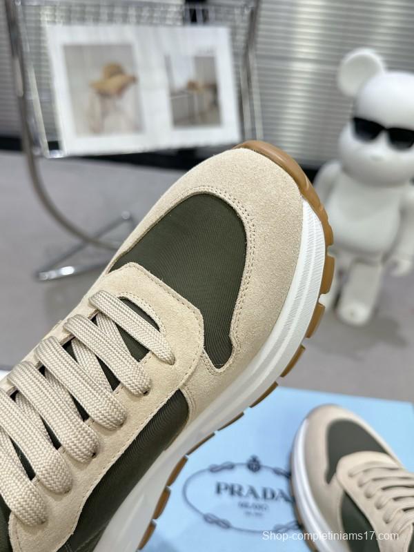 2025 Women Prada Beige Green Nubuck Leather Sneakers KFY00310