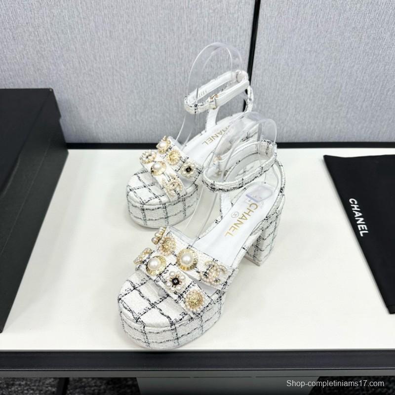 2025 Women Chanel White Black Tweed Platform Sandals
